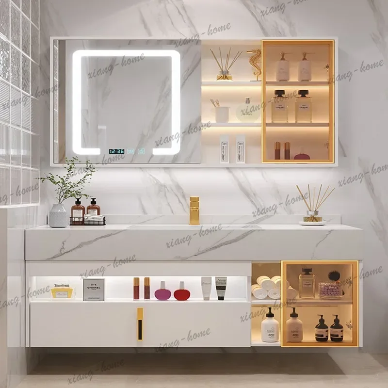 FG New Light Luxury Slate Bathroom Cabinet Intelligent Induction Double Washbasin Full Sets Solid Wood Furniture Custom Wash Tab