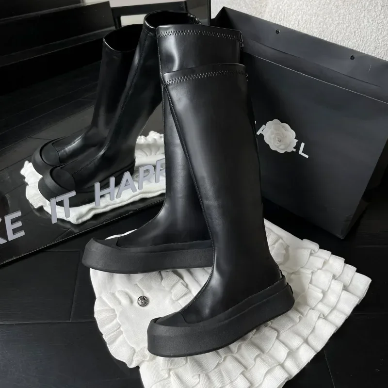 Britische Plattform-Leder-Ritterstiefel für Damen, Designer-Schuhe mit weichen Sohlen, erhöhen Damenschuhe, modisch, lässig, kniehohe Stiefel für Damen