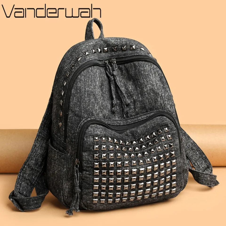 

Fashion Rivet Soft Denim Women Backpacks Designer Large Capacity Girls School Bag Luxury Female Bagpack Travel Bags Sac A Main