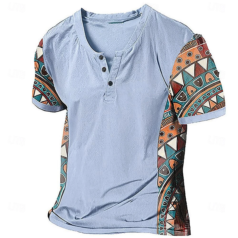 Ethnic Style Tribal 3D Printed Henley Shirts Men\'s Fashion Vintage Streetwear Button Short Sleeve T Shirt Tees Tops Man Clothing