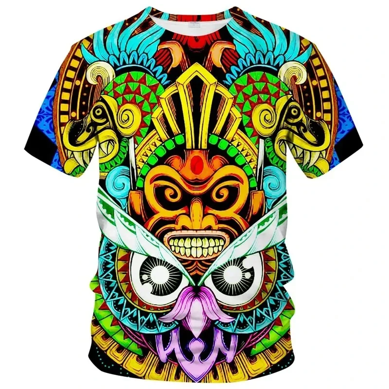 Vintage Mexiko Azteken-Totem Grafik T-Shirt für Herren, modisches Streetwear-T-Shirt mit Rundhalsausschnitt, 3D-Druck, Sommer, lässig, Kurzarm, Tiki-Oberteil