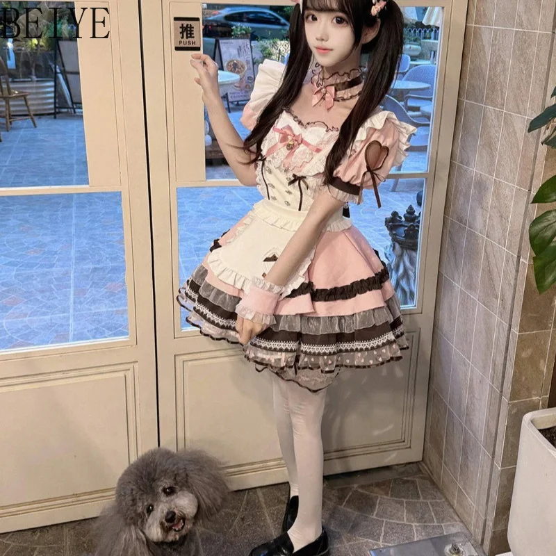 Japanese Sweet and Cute Lolita Dress for Women Lace Bow Splicing Waist Dress Apron Two-piece Set Female Princess Clothing Suit