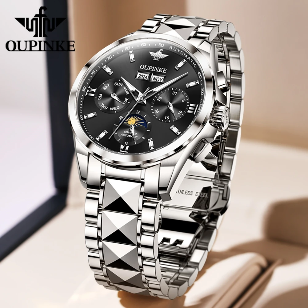 

OUPINKE Men's Watches Casual Business Tungsten Steel Original Automatic Mechanical Watch for Man Waterproof Moon Phase Calendar