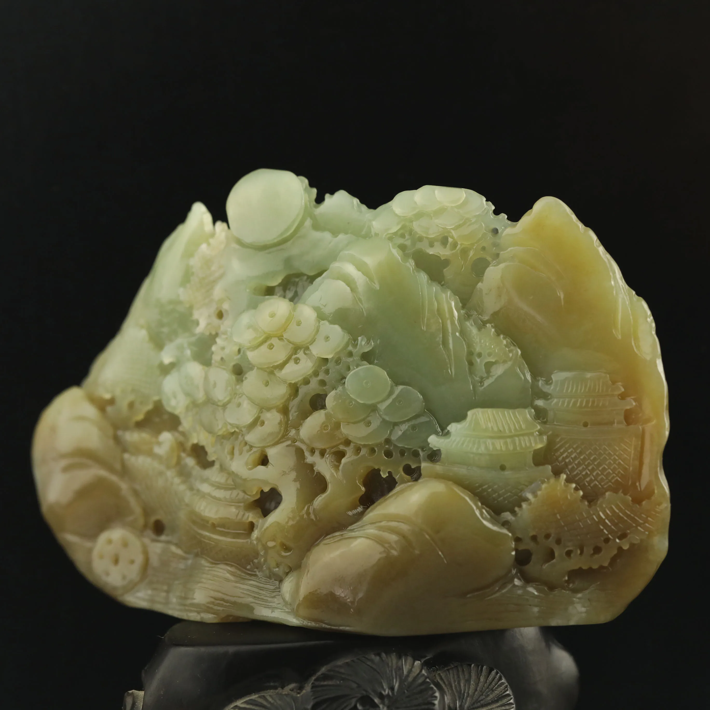 

China natural hetian jade hand carved statue flower landscape sculpture g