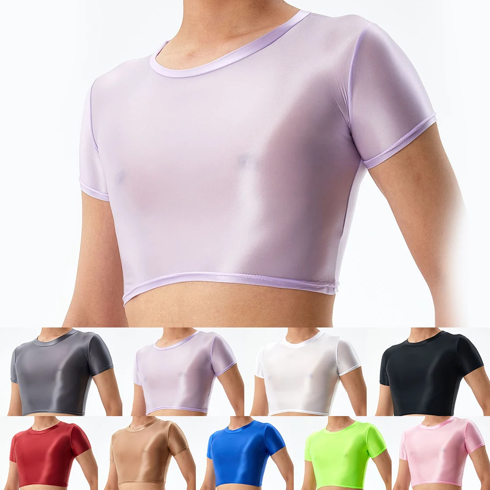 Men Crop Tops Glossy Short Sleeve T-Shirt Slim Gym Sports Short Tops Underwear Mens Breathable Singletss Bodybuilding Undershirt