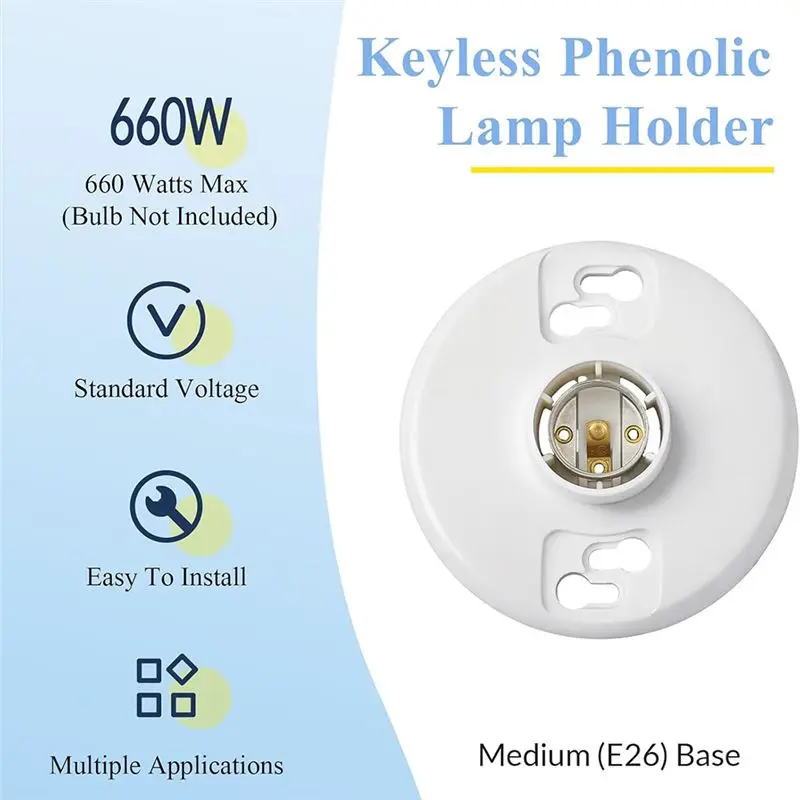 AB33-6Pcs Medium Base E26 Lampholder Keyless Top Lamp Holder Ceiling Light Sockets White Phenolic Bulb Socket CFL Lampholder