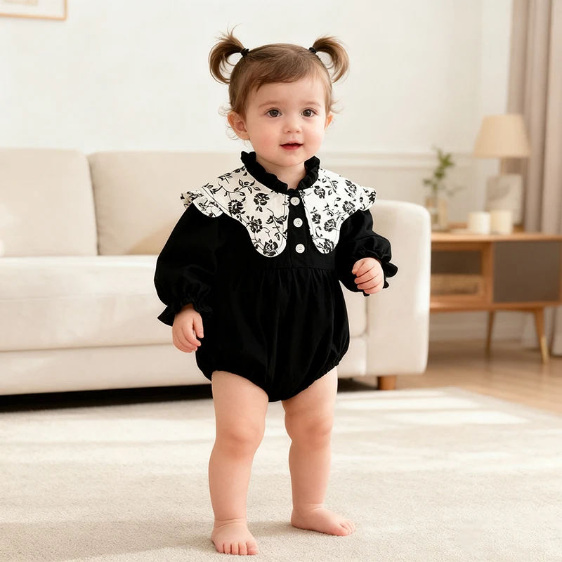 2026 جديد 0-24 متر ربيع الرضع الرجعية ارتداءها الوليد رومبير التطريز طوق رومبير القطن طويل الأكمام طفلة بذلة