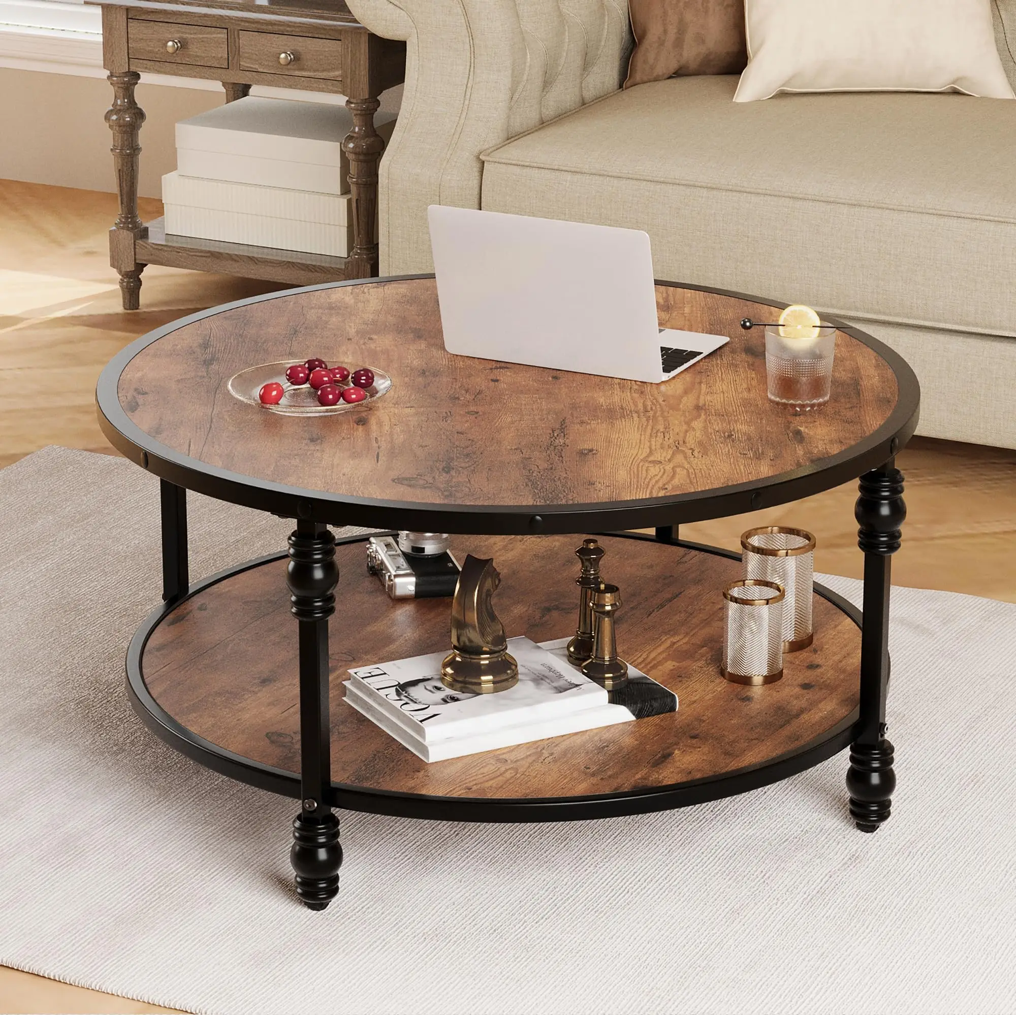 

Round Coffee Table, 30.5" Small Coffee Table, 2-Tier Rustic Wood Tabletop with Storage Shelf, Sturdy Metal Legs, Easy Assembly