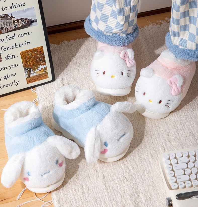 

Cartoon HelloKittys Cinnamoroll Kuromi My Melody Cotton Slippers for Women Winter Thick-soled Non-slip Warm and Furry Slippers