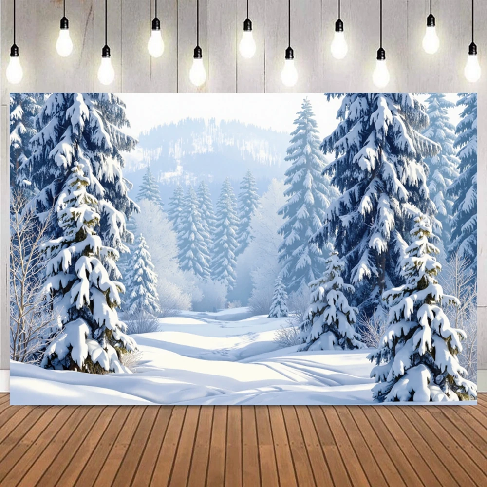 Winter Elegant Simple Themed Photography Background Pine Forest Snowfield Snowflake Clear Sky Home Decor Natural Photo Backdrop