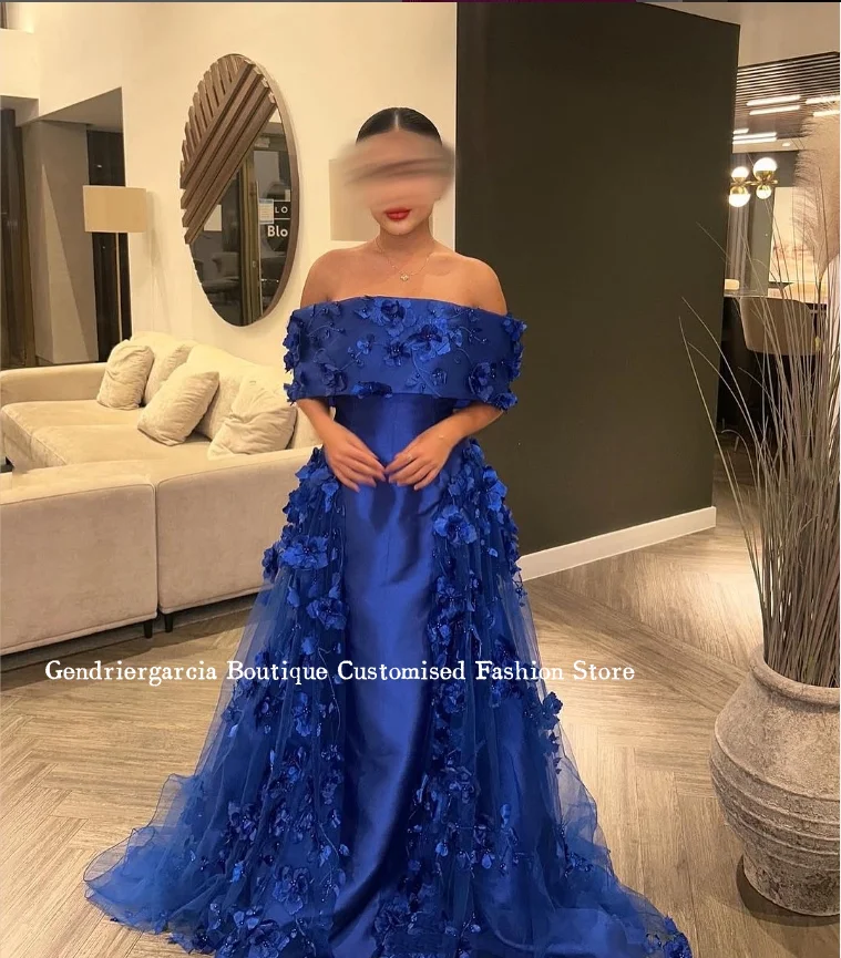 الأحجار الكريمة الأزرق حمالة فساتين لحضور الحفلات الموسيقية رائعة الساتان ثلاثية الأبعاد زهرة البطانة المشاركة ألف خط الطابق طول فساتين السهرة حسب الطلب
