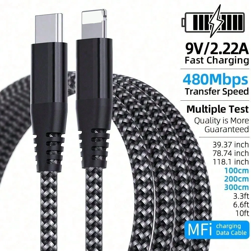 USB-C To Lightning Cable, 3.3/6.6/10ft,  Fast Charging, Nylon Braided, Compatible With IPhone 13/12/11/Pro Max/XR/XS/8/7/6 Plus