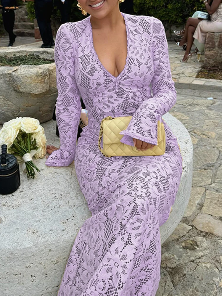 ZANZEA المرأة مثير ضيق ارتياد فساتين الحفلات العميق الخامس الرقبة طويلة الأكمام انظر من خلال الدانتيل Bodycon فستان طويل حجم كبير 5XL