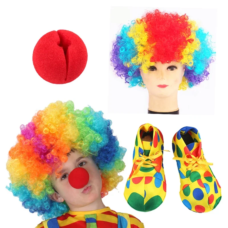 Divertente Clown Bambini Cosplay Parrucca colorata Scarpe oversize Naso falso Ragazzi Ragazze Accessori per costumi Puntelli Set Festa di compleanno Dress^0 * l