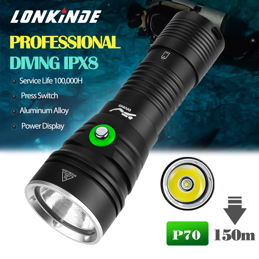 

XHP70.2 Scuba Diving Flashlight High Bright Dive Lantern 5-Modes Underwater 150M IPX8 Waterproof Headligh 26650 Tactic Camp Lamp