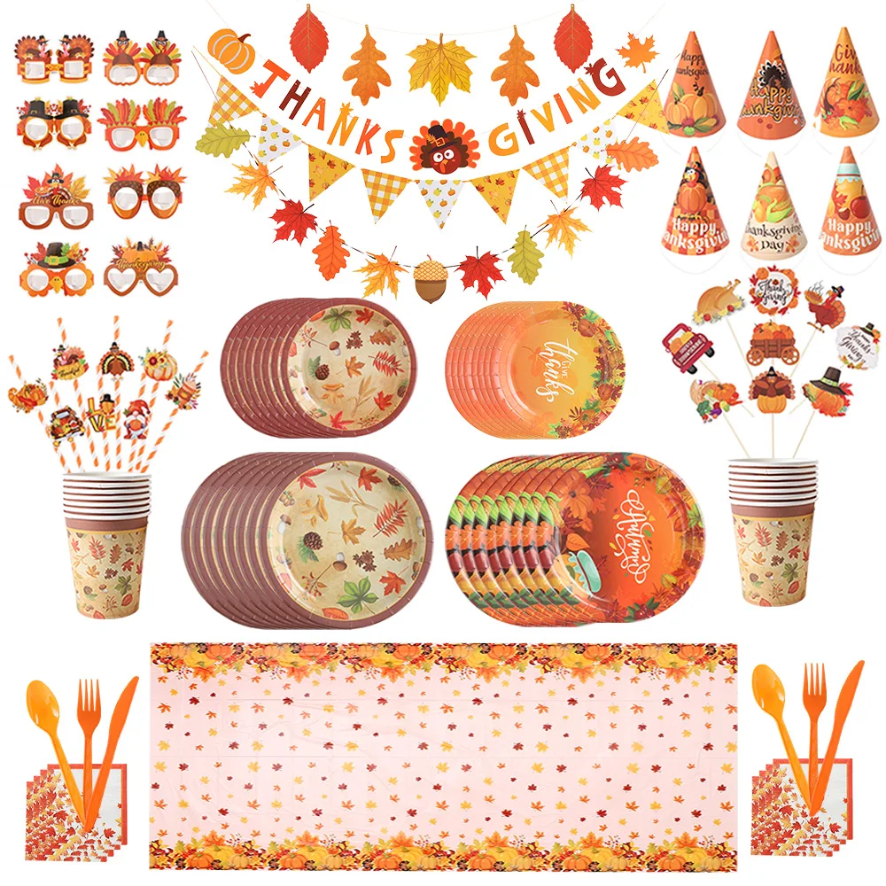 

Thanksgiving Party Disposable Tableware Maple Leaf Pumpkin Pattern Paper Plate Napkin Tablecloth Banner Fall Themed Party Decor