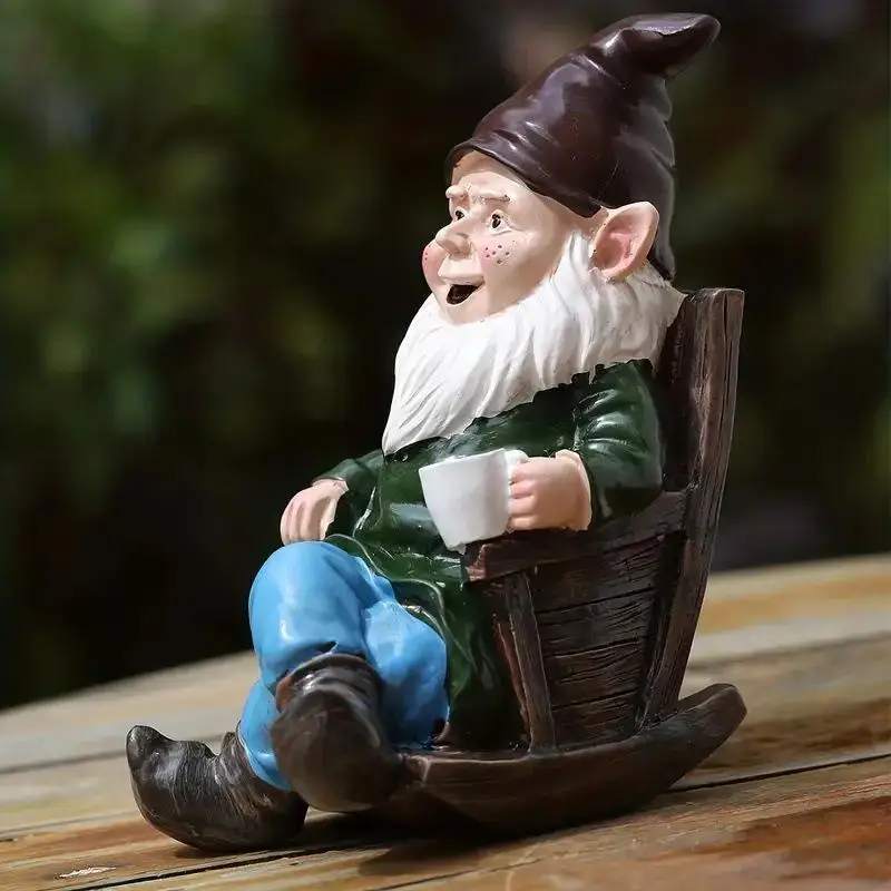 For Outdoor Gnome Rocking Chair Figurine Resin Garden Decoration For Patios Whimsical Design Creates Relaxing Ambiance