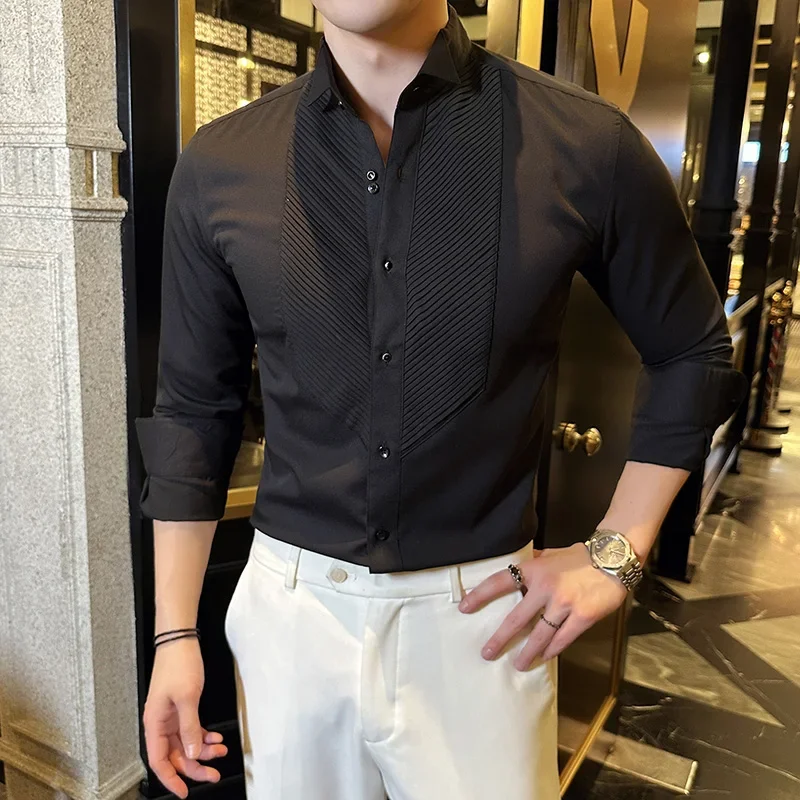 Long-sleeved Tuxedo Shirts for Men Wedding Banquet Prom Wear Autumn Spring Slim Fit Business Social Mens Dress Shirt Plus Size