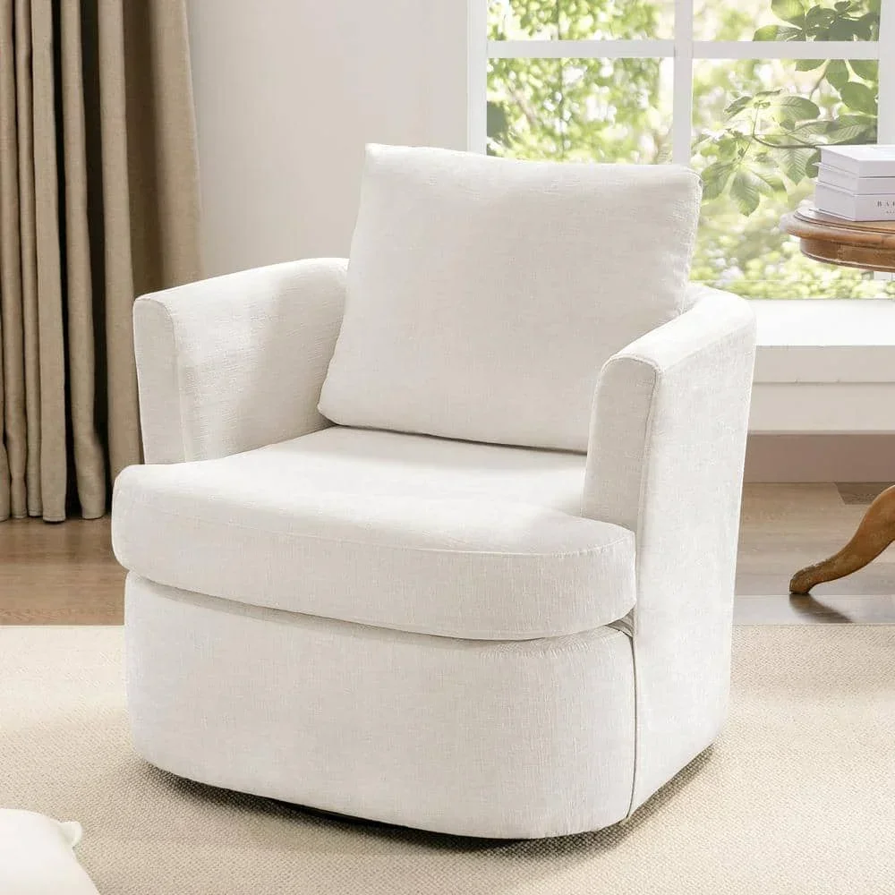 US  32 in. W Beige Chenille Swivel Accent Barrel Chair Upholstered Armchair Comfy Sofa Chair 360°Club Chair