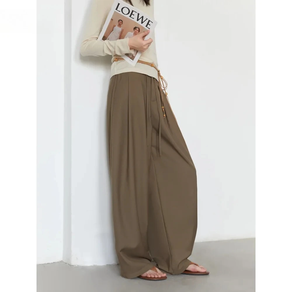 Women Pants Solid Loose Casual Wide Leg Pant Drawstring Pleated Female Suit Trousers Office Ladies Sping Autumn