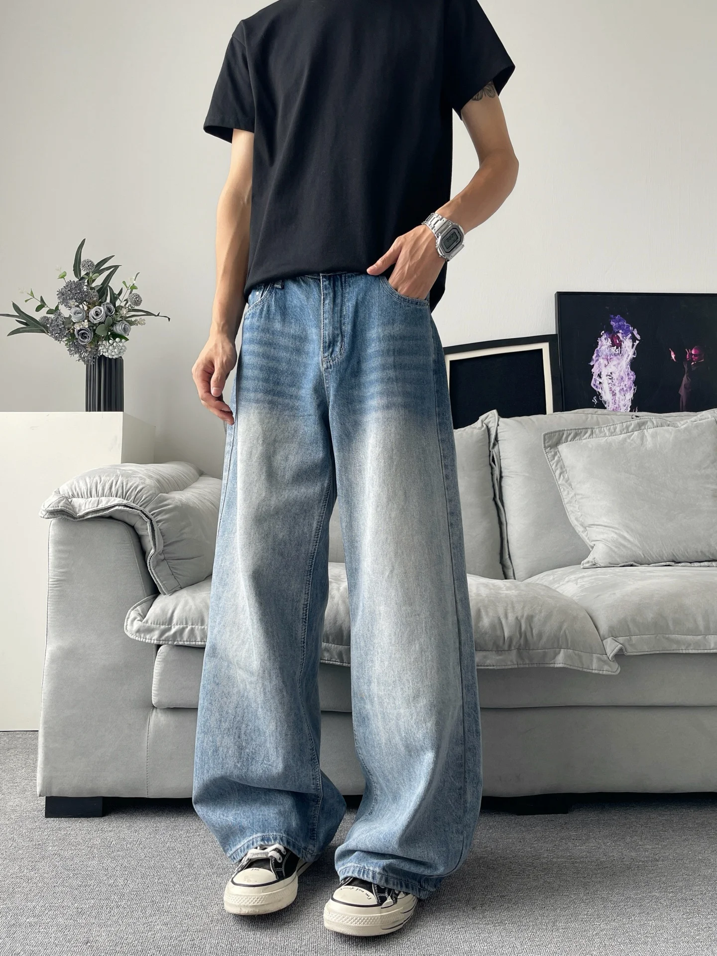 

Retro Wide Leg Men's Jeans Paris Buckle American High Street Vibe Star Print Loose Straight Slimming Long Trousers