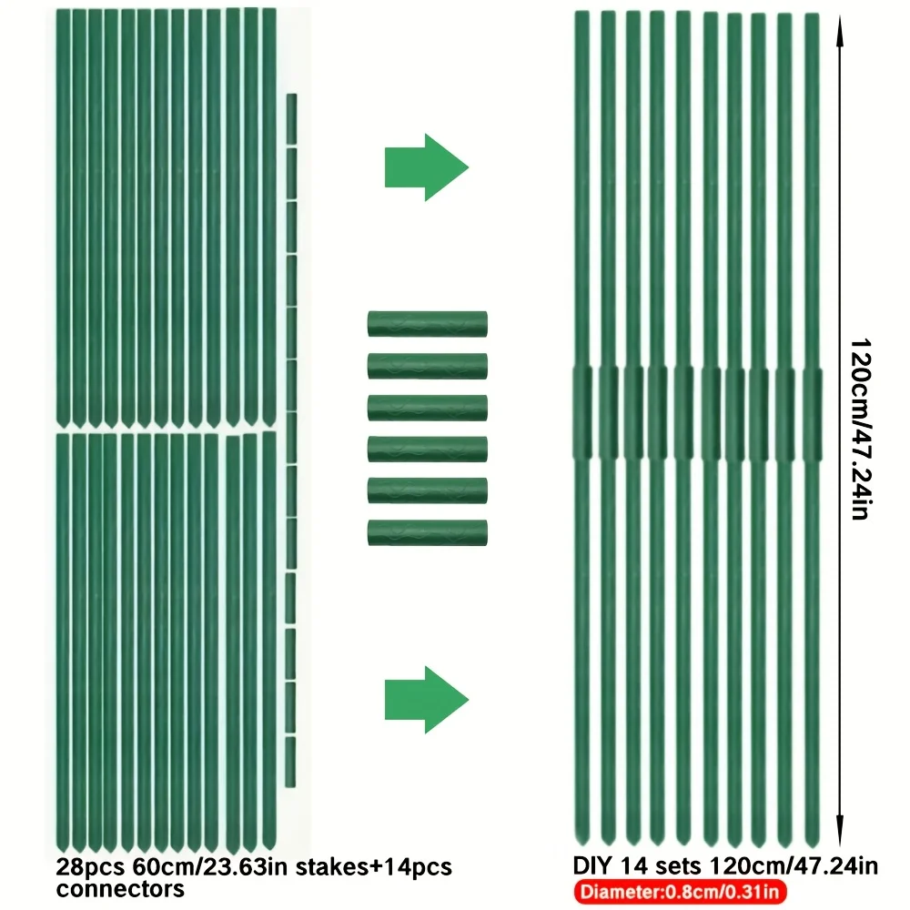 A set of 42 garden support frames with 60cm x 8mm long support rods (28 rods+14 connecting pipes) that are anti slip and wear-re