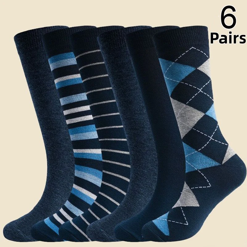 6Pairs Men Vintage British Style Business Dress Crew Socks Soft Breathable Striped Solid Mid Calf Sock for Office Daily Wear