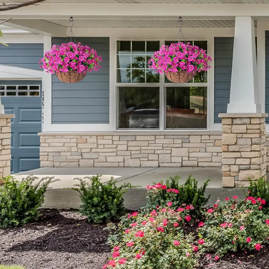 Artificial Fake Hanging Flowers Plants in Basket for Outdoor Decoration, 12 Pcs Faux Morning Glory in Planter Realistic UV Resis