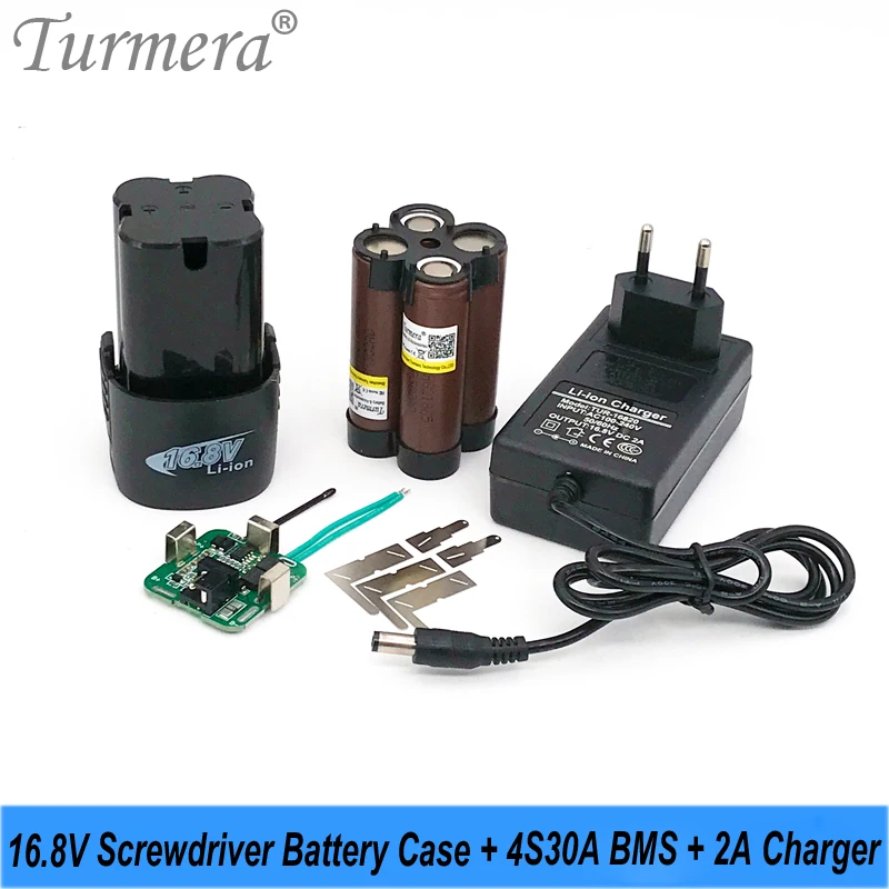 

Turmera 16.8V Screwdriver Drill Battery Case 4S 30A BMS 18650 Hoder 16.8V 2A Lithium Battery Charger for 14.4V Shura Battery Use