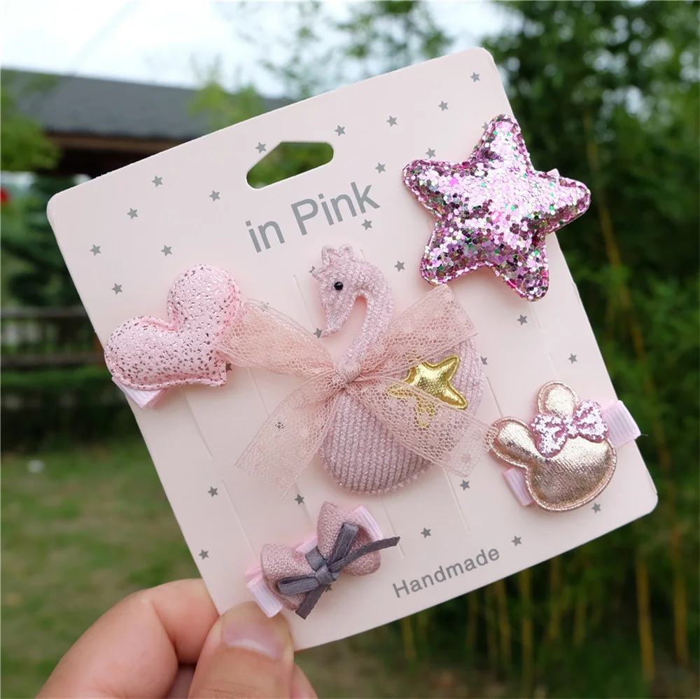 5Pcs/set Kids Cartoon Hairpins Princess Hair clips Children Barrettes Baby Fabric Bow Headwear Girls Headdress Hair Accessories