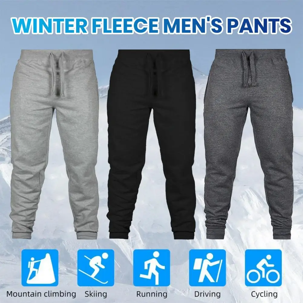 Men Winter Pants Thickened Plush Elastic Waist Casual Pants Slim Fit Mid Waist Warm Ankle-banded Sport Trousers Daily Sweatpants