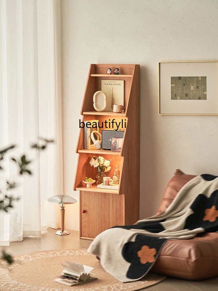 Solid Wood Floor Bookcase Shelf Living Room Storage Locker Cherrywood Display Cabinet