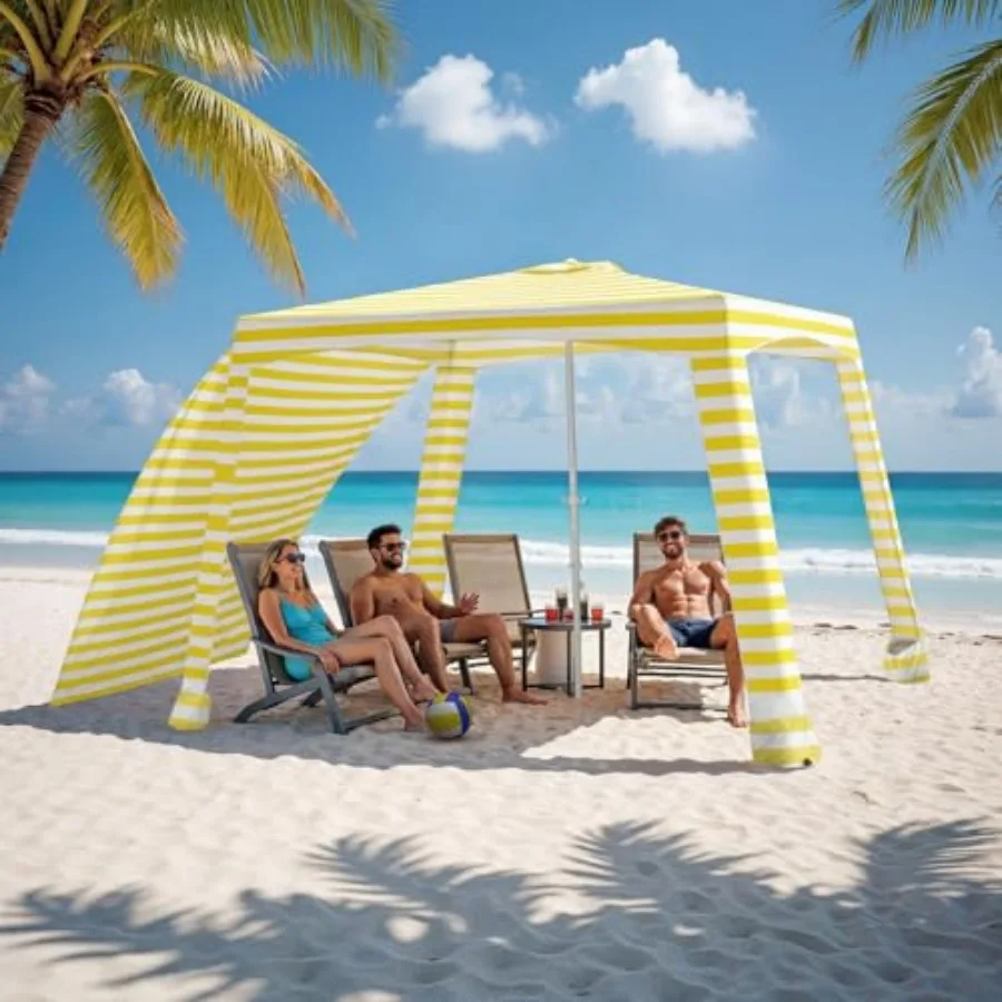 

Beach Cabana-6.6x6.6'Beach Canopy with Side WallPortable Umbrella Tent with Sand Pockets for Family and Friends Easy Up Beach S