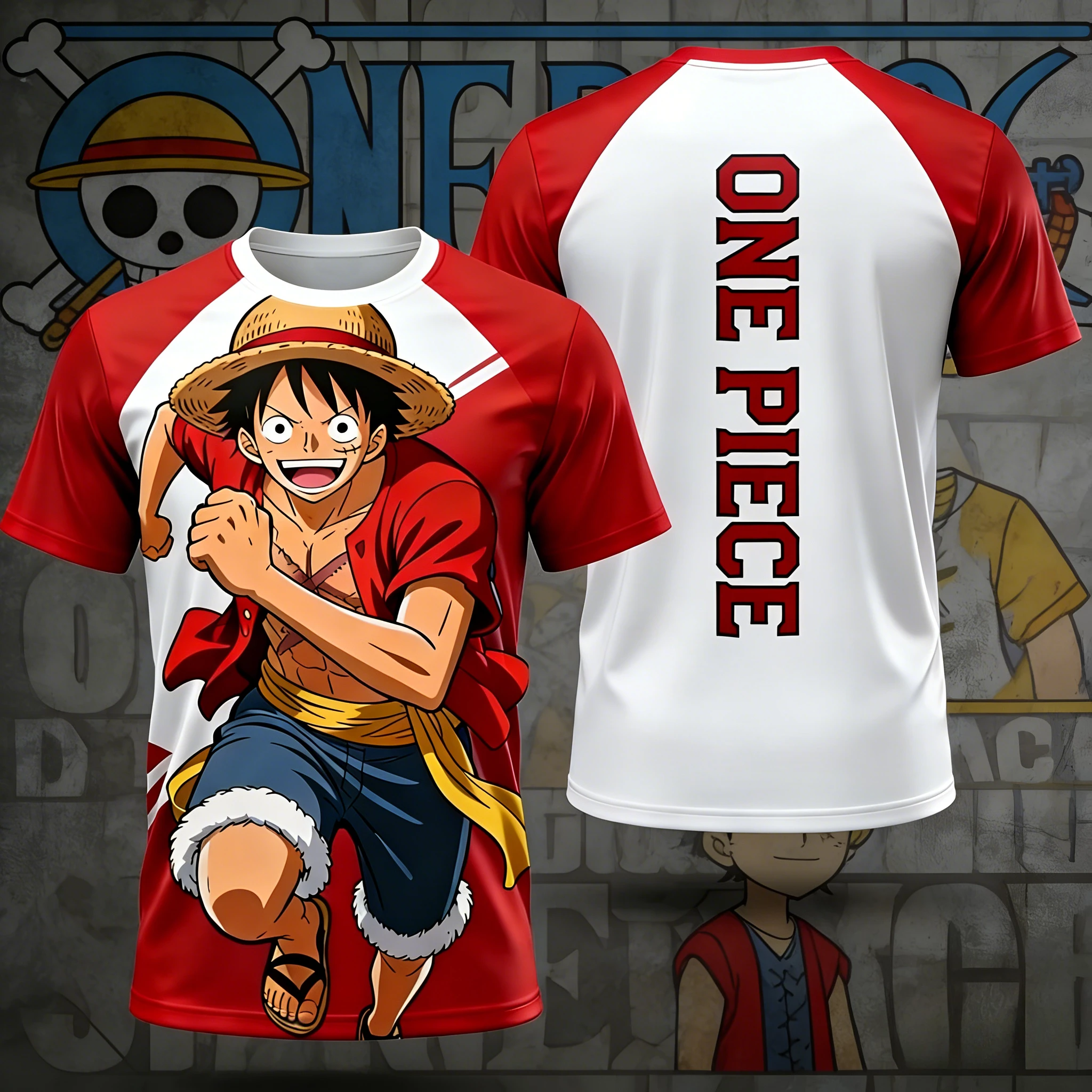 2026 Sommer One Piece Luffy Retro 3D-Druck T-Shirt, Erwachsene & Kinder Casual Sport Harajuku Kurzarm-Shirt für Anime-Fans Y2k
