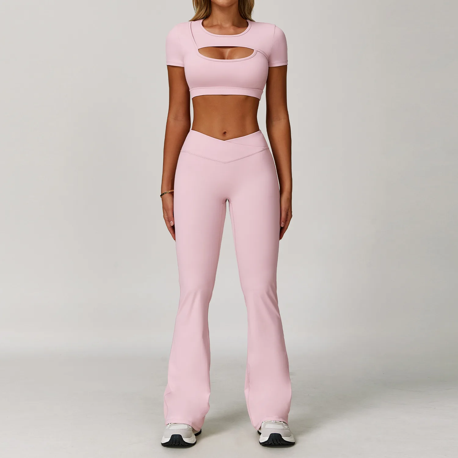 Women's Color Block Yoga Set Cutout Crop Top + Leggings Sports Shockproof Gym Wear Slim-Fit Casual Activewear Two-Piece