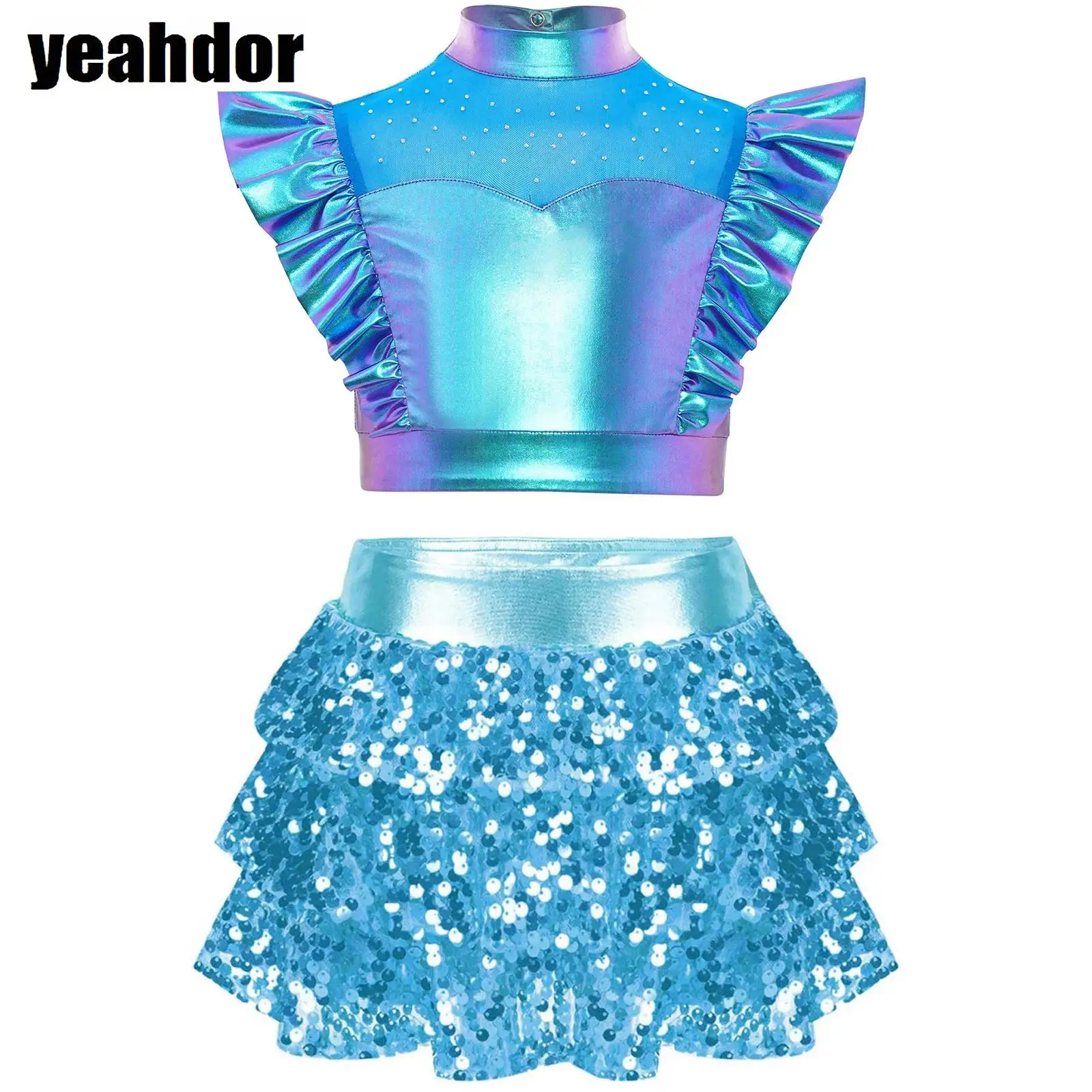 

Girls Jazz Dance Outfit Rhinestone Mesh Sleeveless Metallic Crop Top with Sequin Tiered Skirt Culottes Hip-hop Cheerleading Sets
