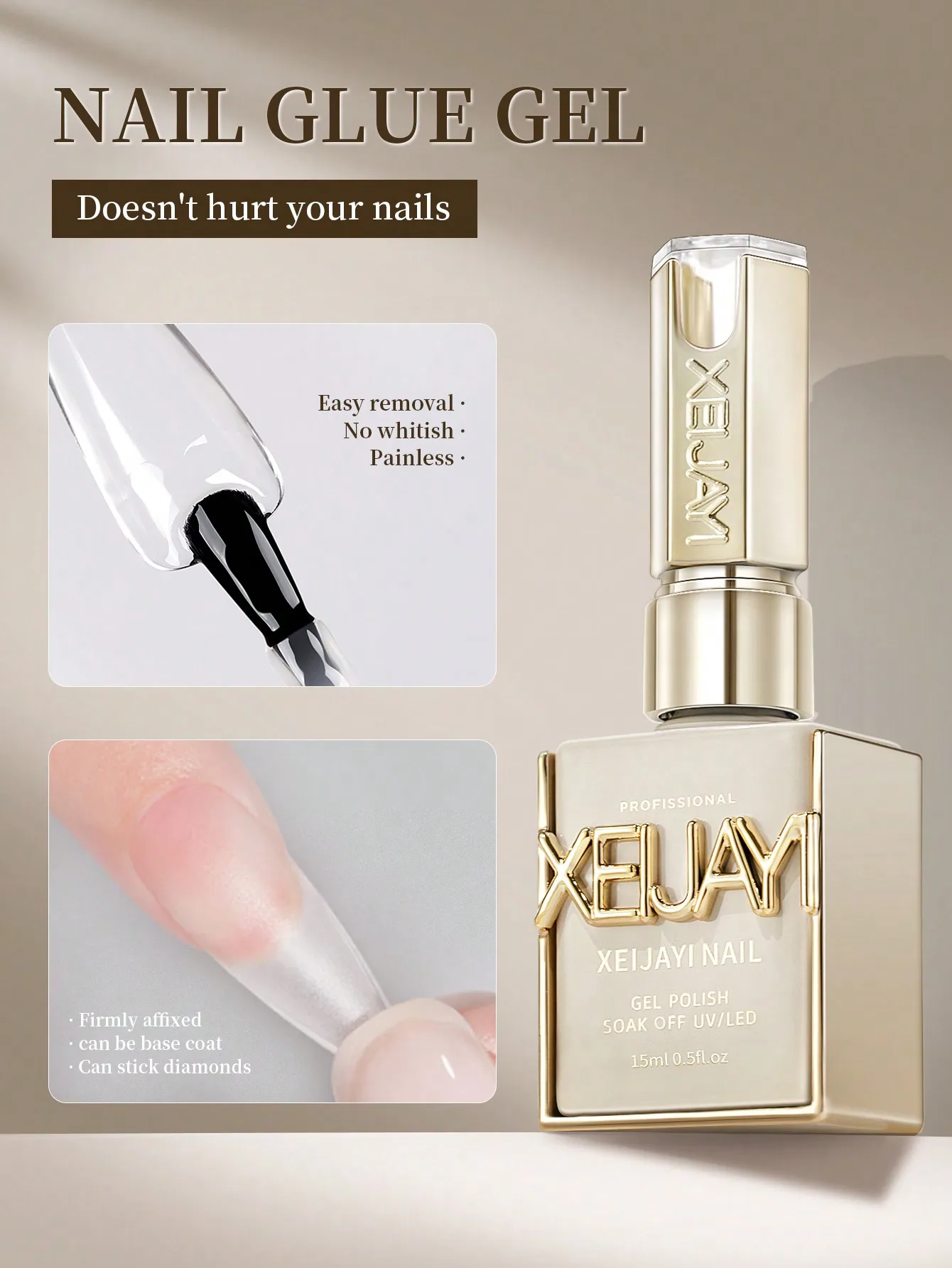 XEIJAYI 1 Stück professionelles UV-LED-Nagelklebegel zum Einweichen, einfache Entfernung und kein Whitish-Effekt, schmerzloser Grundlack für starke Nagelkunst