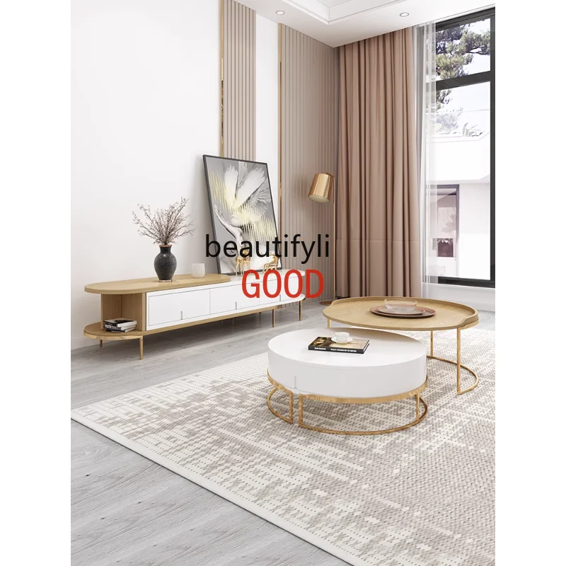 

Living Room Coffee Table TV Cabinet Combination round Retractable Side Table