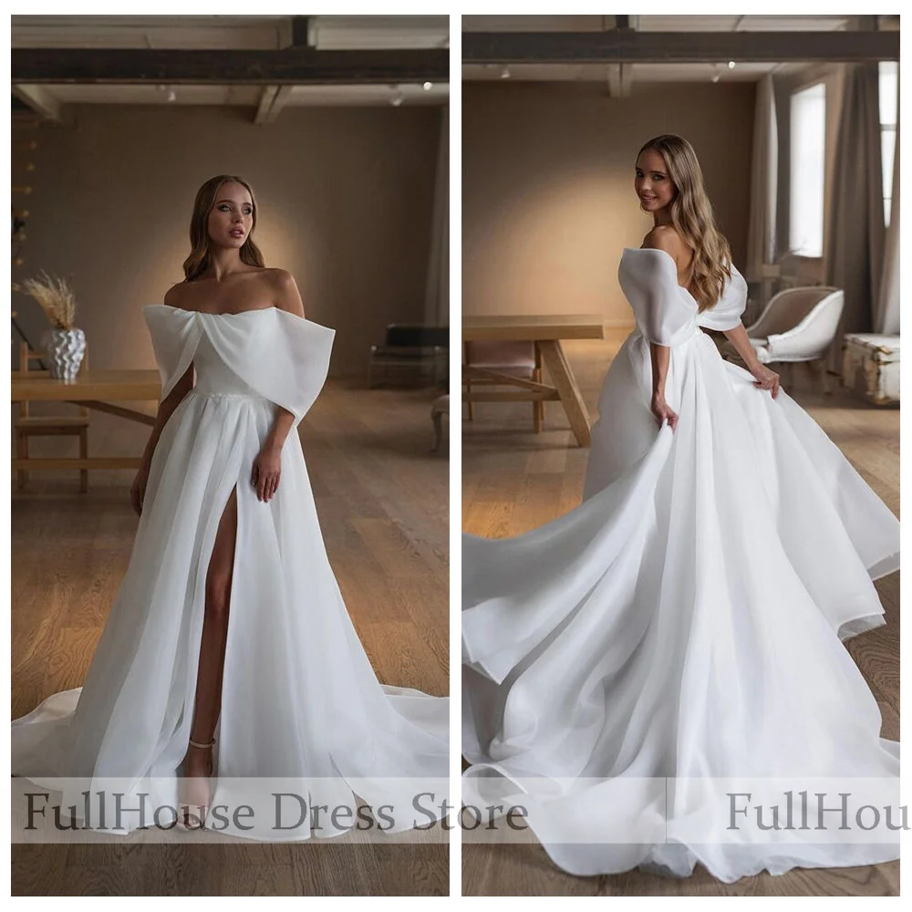 Custom Made Off Shoulder Organza Pleated Side Split Backless Wedding Gown Crystal Floor Length Bridal Party Dress with Court