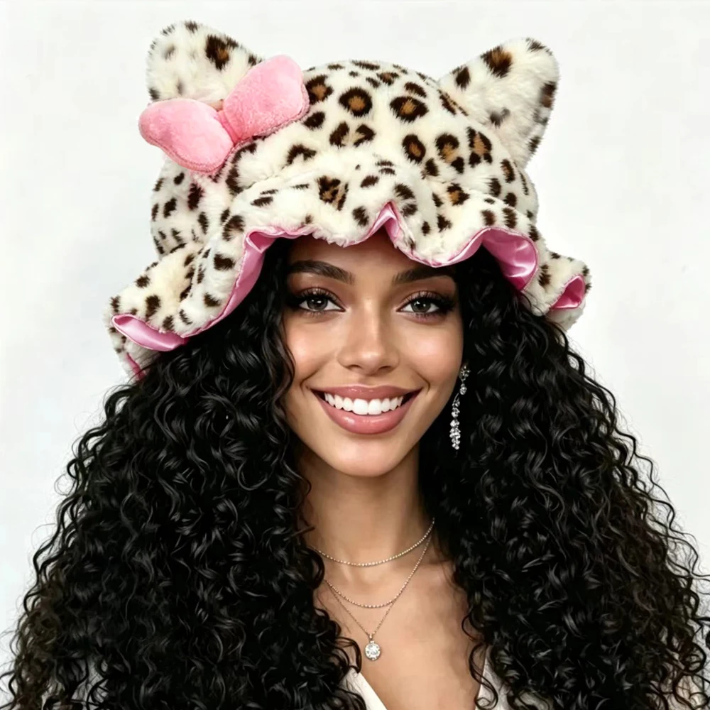 Leopard Print Teddy Plush Hair Bonnet with Big Bow, Satin Lined Soft Fluffy Night Sleep Cap, Adjustable Bear Ear Hair Wrap