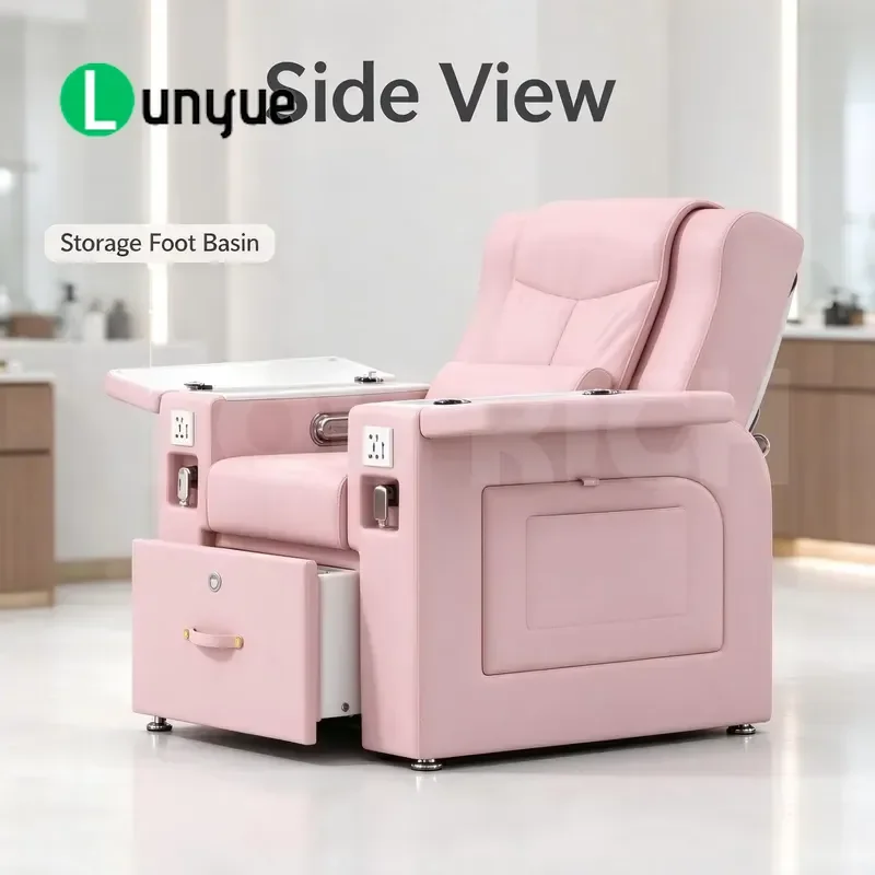 Pink Leather Pedicure Chair with Pull-out Foot Basin Manicure Table Side Table Socket for Nail Spa Furniture