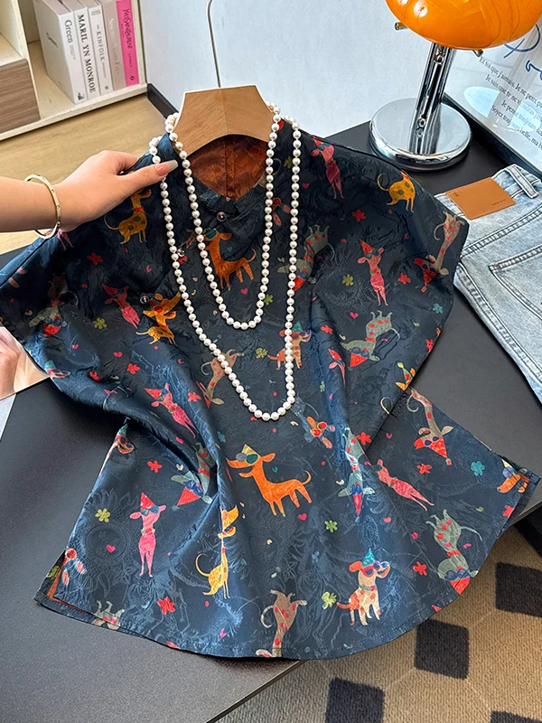 

Elegant Loose Short Sleeve Shirt New Chinese Style National Trend Retro Print Women's Top Fashionable Casual Summer Wear