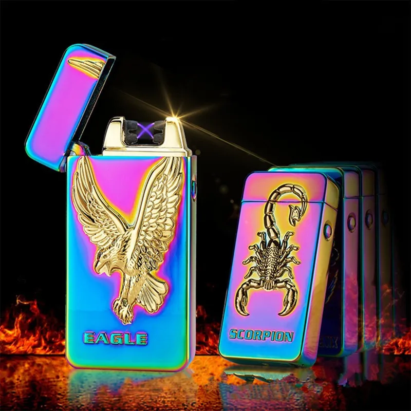 2023 New Dragon And Tiger Embossed Cross Arc USB Rechargeable Lighter Outdoor Windproof Portable Cigarette Accessorie Men\'s Gift