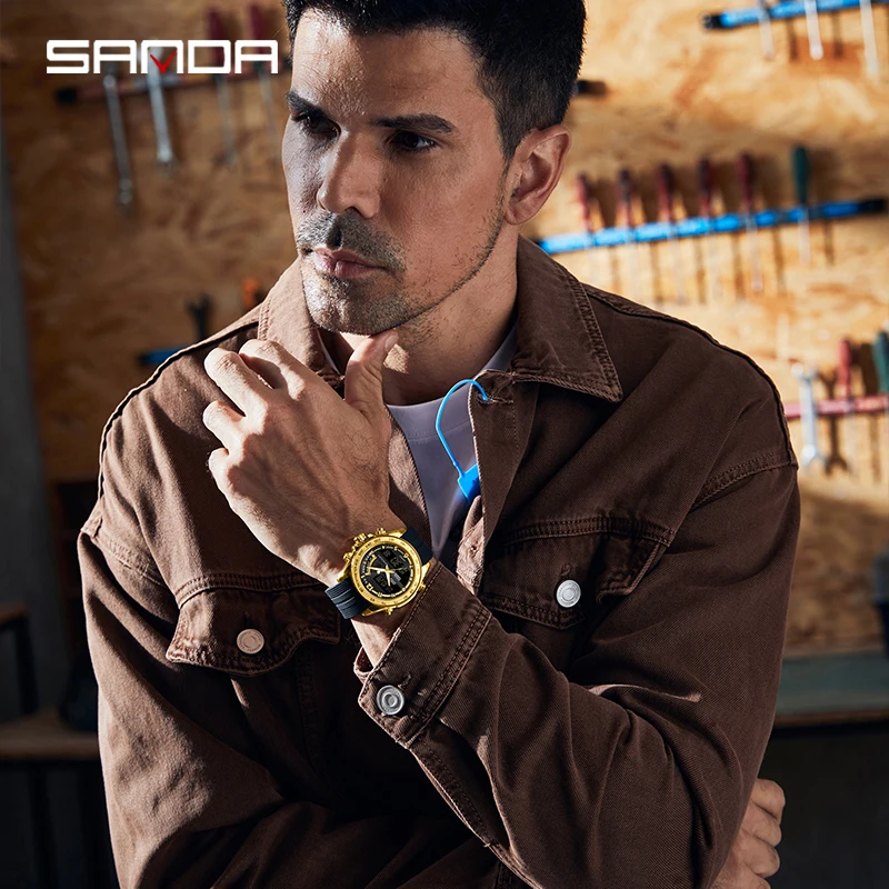 SANDA 3307 orologio da uomo moda elegante multifunzionale Business rotondo al quarzo elettronico doppio Display orologi con cinturino in acciaio