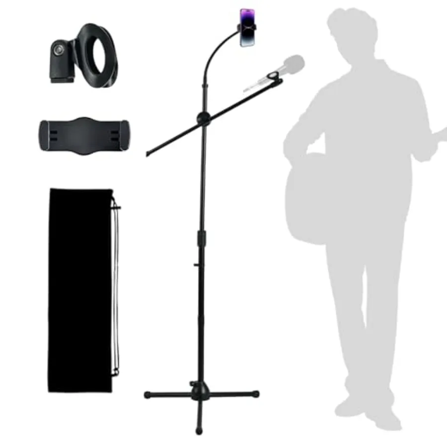 

Microphone Floor Stand, Mic Stand Floor with Phone Holder Height Adjustable, Heavy-duty Tripod Stable Stand with Boom Arm Dual