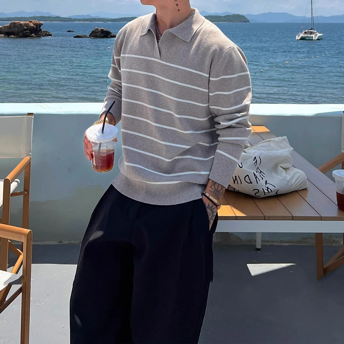 2025 outono inverno novos homens turn down collar listrado camisa polo manga longa preto branco cor bloco casual negócios topo