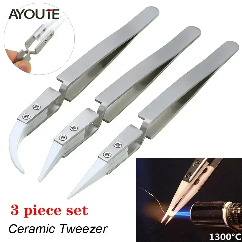 3/6PCS Ceramic Straight Tip Electronic Soldering Tweezers, Anti-Static Reverse Acid Resistant Precision Chuck Tweezers Set