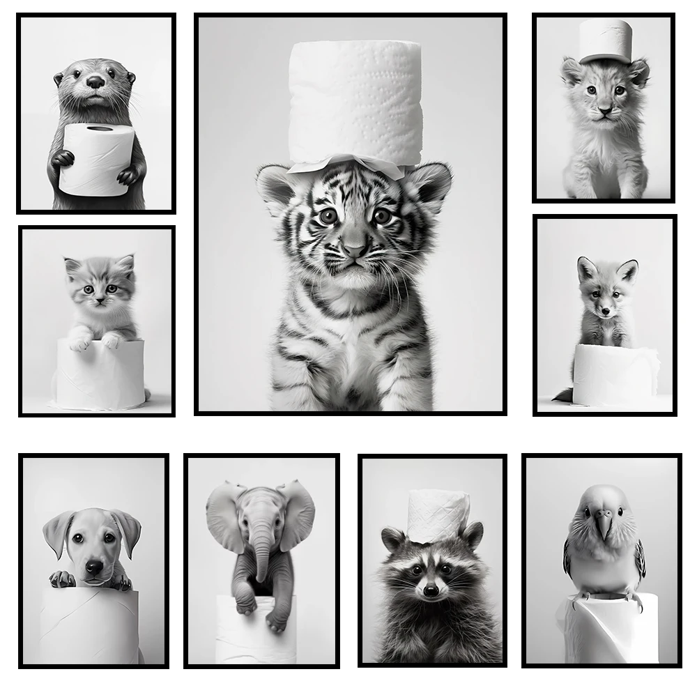 Black and White Cute Animals and Toilet Paper Art Posters, Lion Dogs, Elephants, Canvas Paintings for Bathroom Wall Decoration