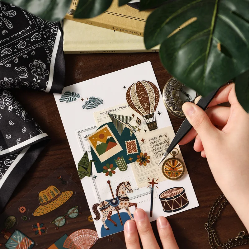 4pcs/lot Vintage Western Pattern Label Flat Stickers, American Western Style DIY Journal Collage Stickers pack