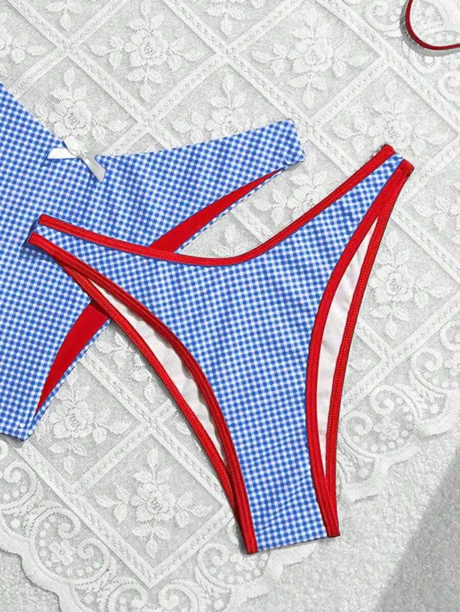

Blue Gingham Plaid Halter Tie Bikini Set With Red Trim For Women